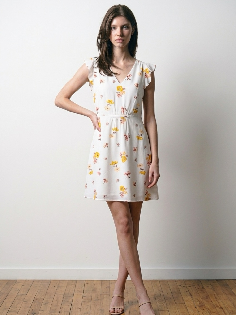 LOFT - Floral V-Neck White & Yellow Spring/Summer Dress